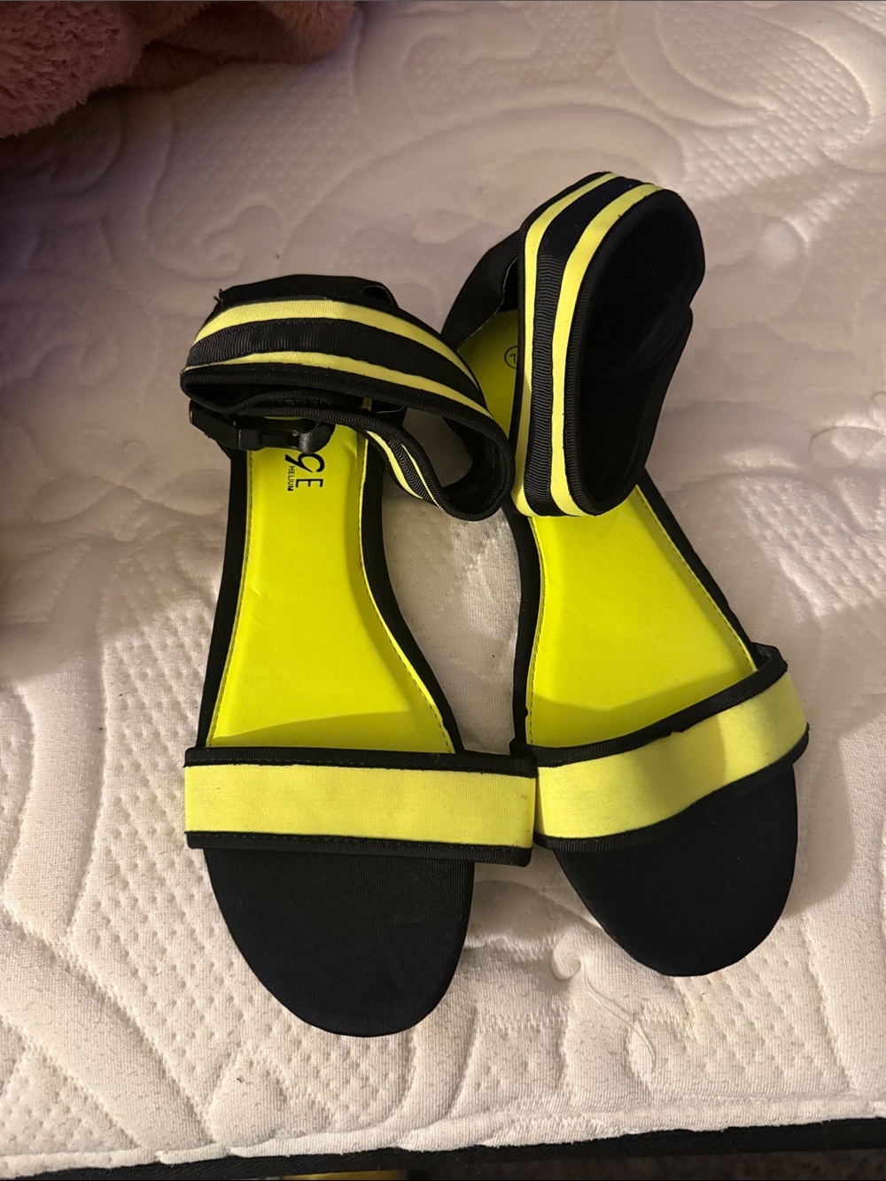 Neon Green and Black Women's Ankle-Strap Sandals